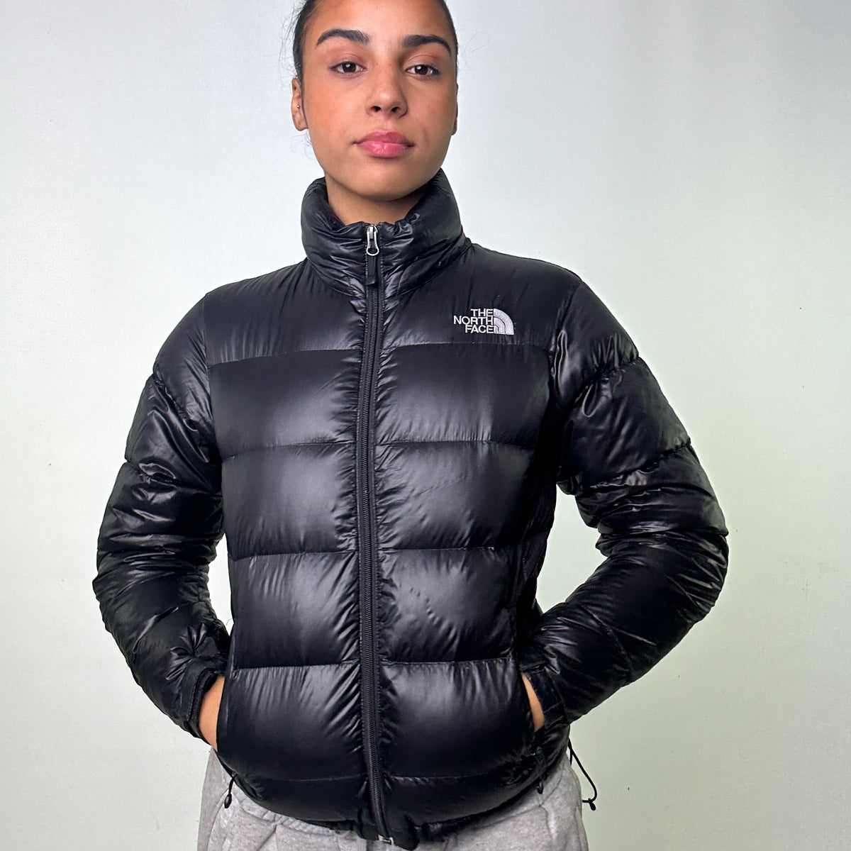 North face shiny outlet black jacket