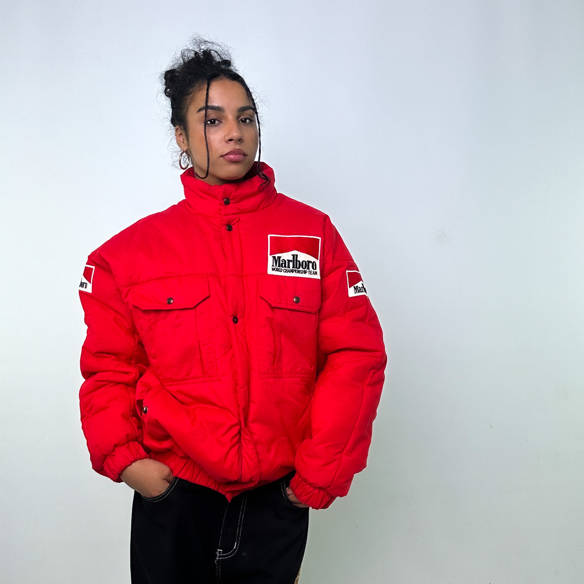 Red 90s Marlboro Puffer Jacket Coat XL 28 Vintage