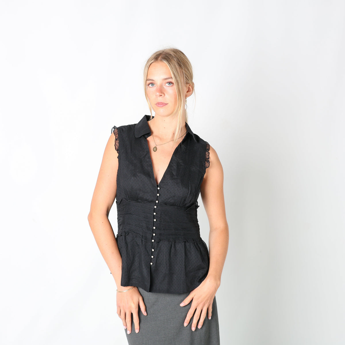 Black 90s Blouse Pearl Buttons (M)