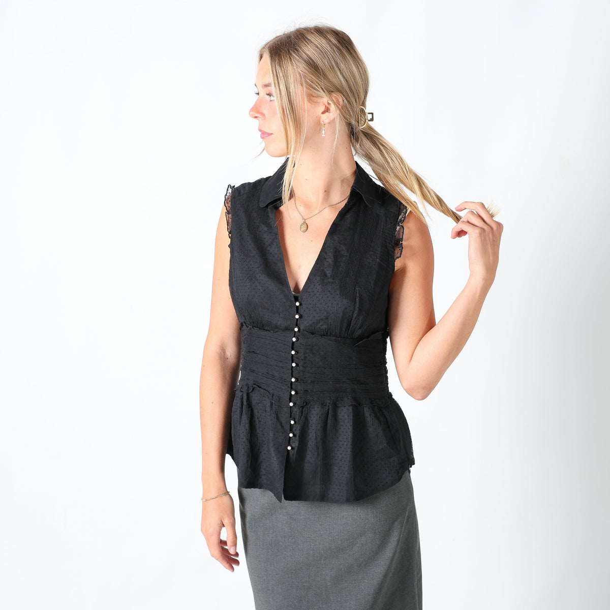 Black 90s Blouse Pearl Buttons (M)