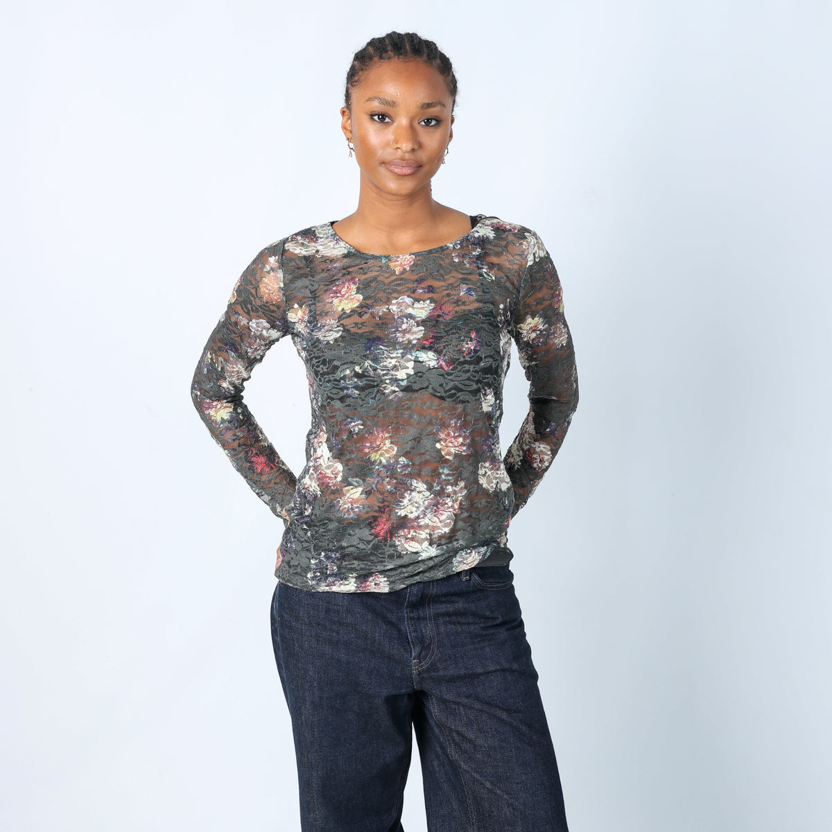 Khaki Green Y2K Esprit Blouse Sheer Lace (L)