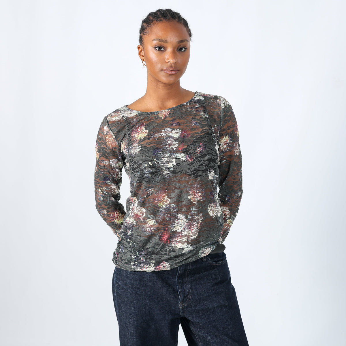 Khaki Green Y2K Esprit Blouse Sheer Lace (L)