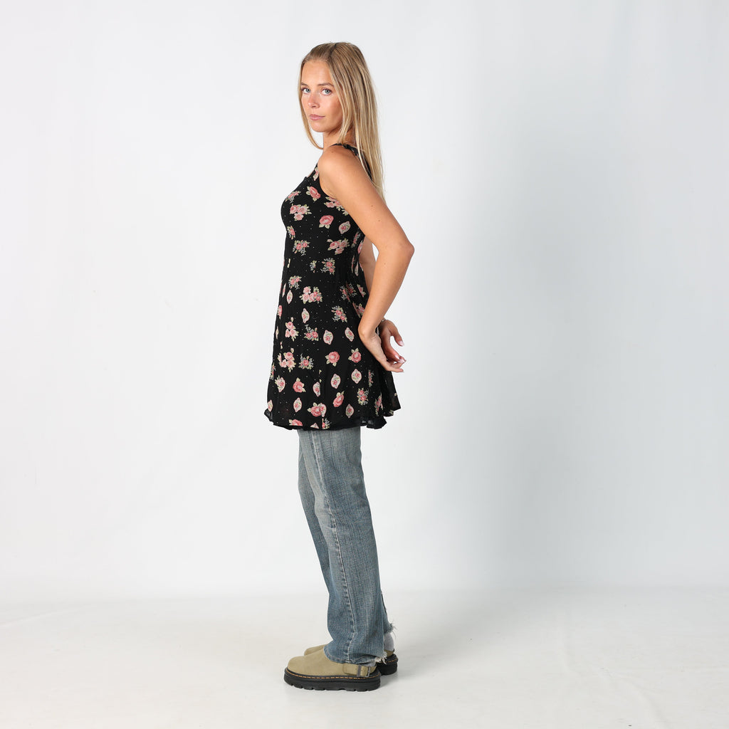Black Y2K Printed Woven Midi Dress Floral (S)