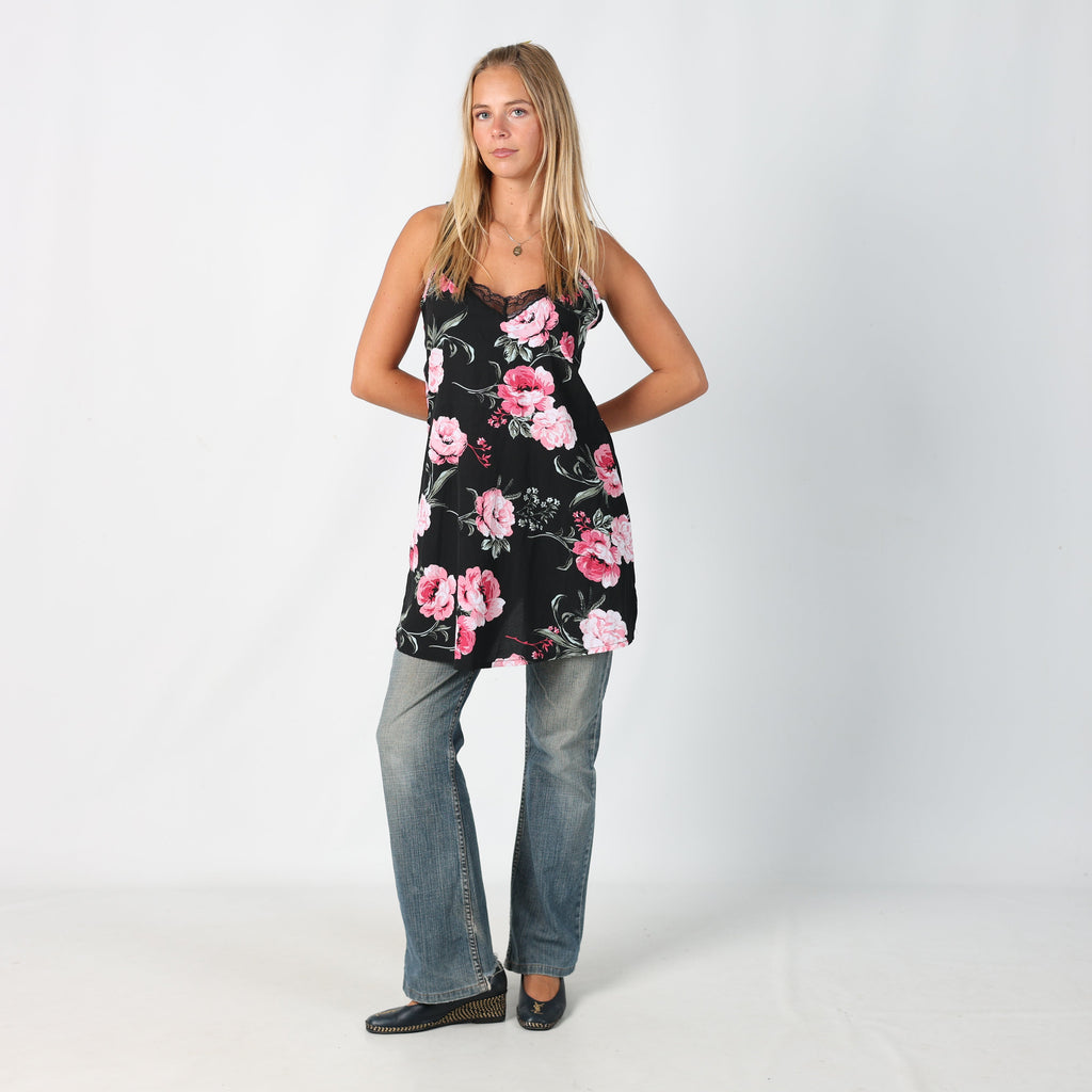 Black Y2K Slip Dress Floral (M)