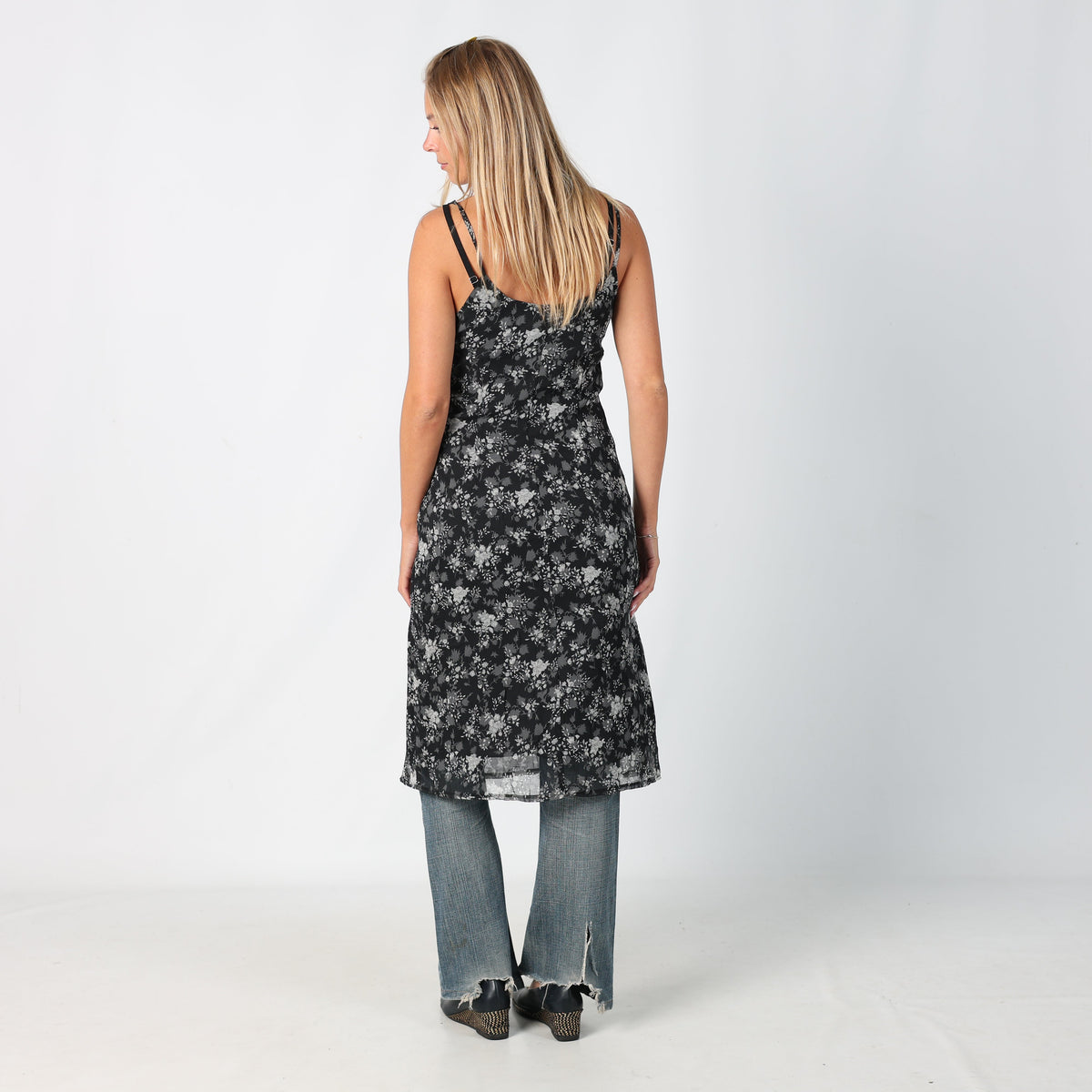 Black Y2K Motivi Printed Woven Midi Dress Floral (M)