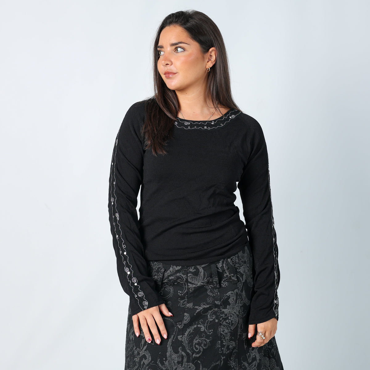 Black Y2K My Time Long Sleeve Top Sequin (M)