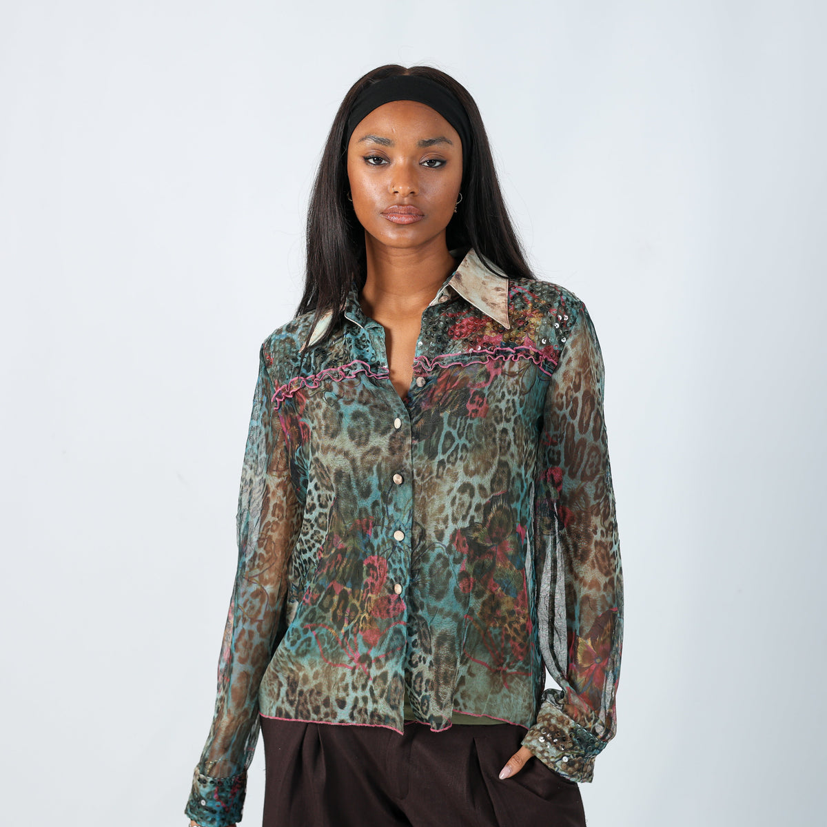 Blue Y2K Made in Italy Shirt Sheer Sequin (M)