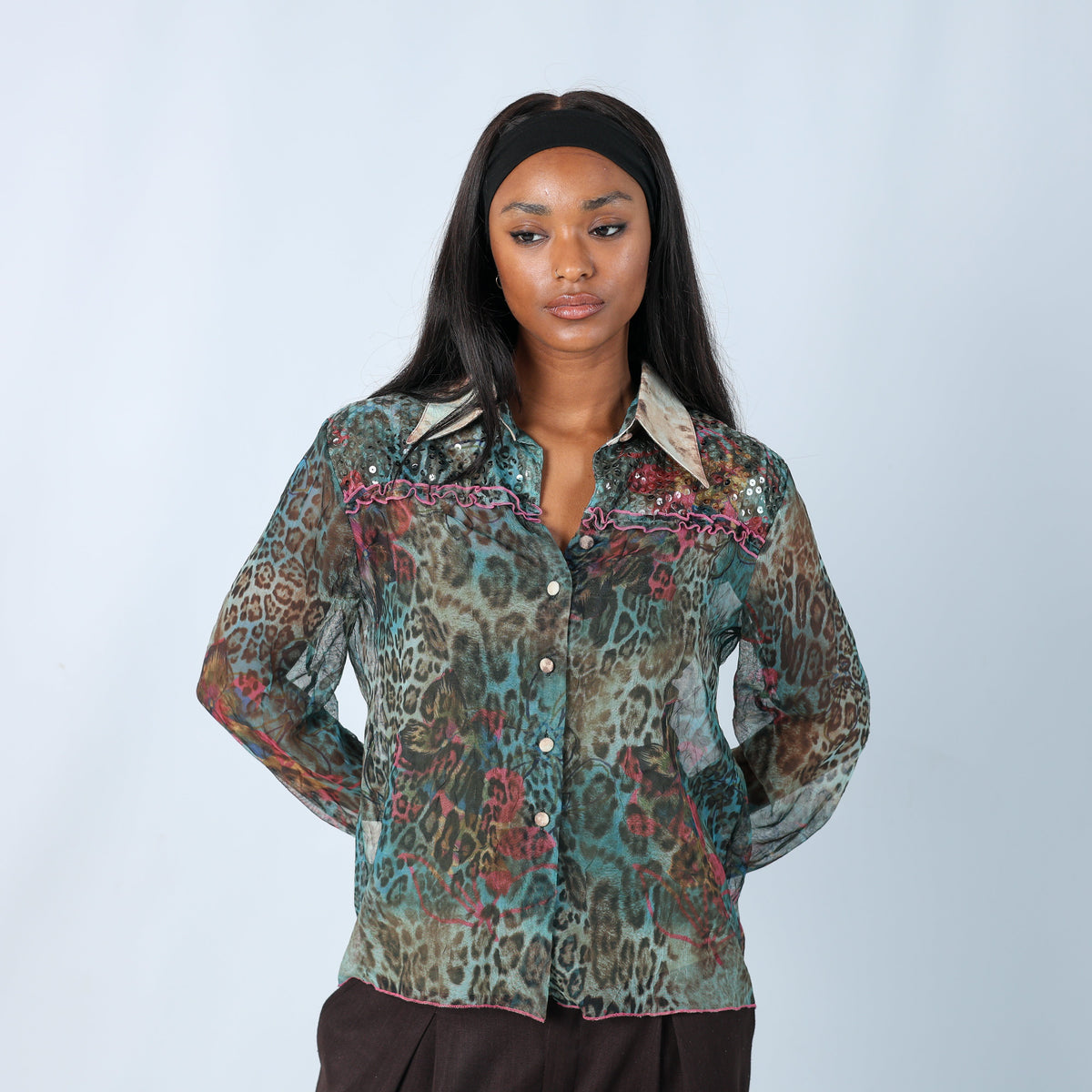 Blue Y2K Made in Italy Shirt Sheer Sequin (M)