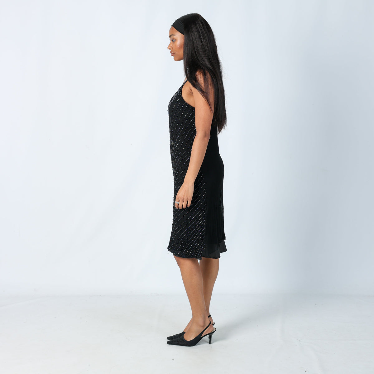 Black Y2K Embroidered Midi Dress Beaded (S)