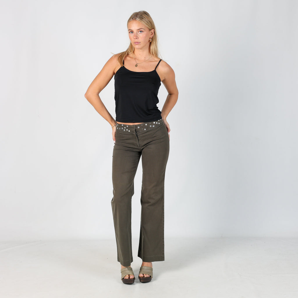 Dark Green Y2K eterea Woven Trousers Studded Waistband (S)