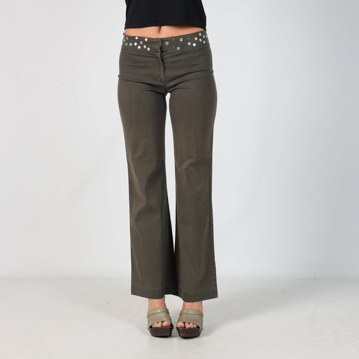 Dark Green Y2K eterea Woven Trousers Studded Waistband (S)