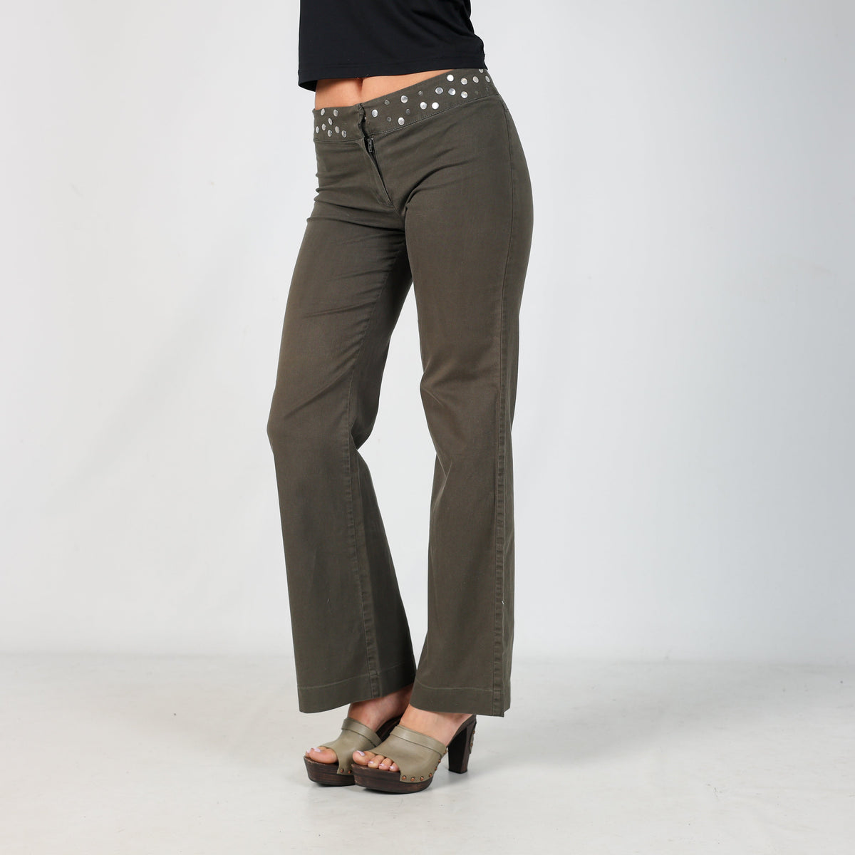 Dark Green Y2K eterea Woven Trousers Studded Waistband (S)