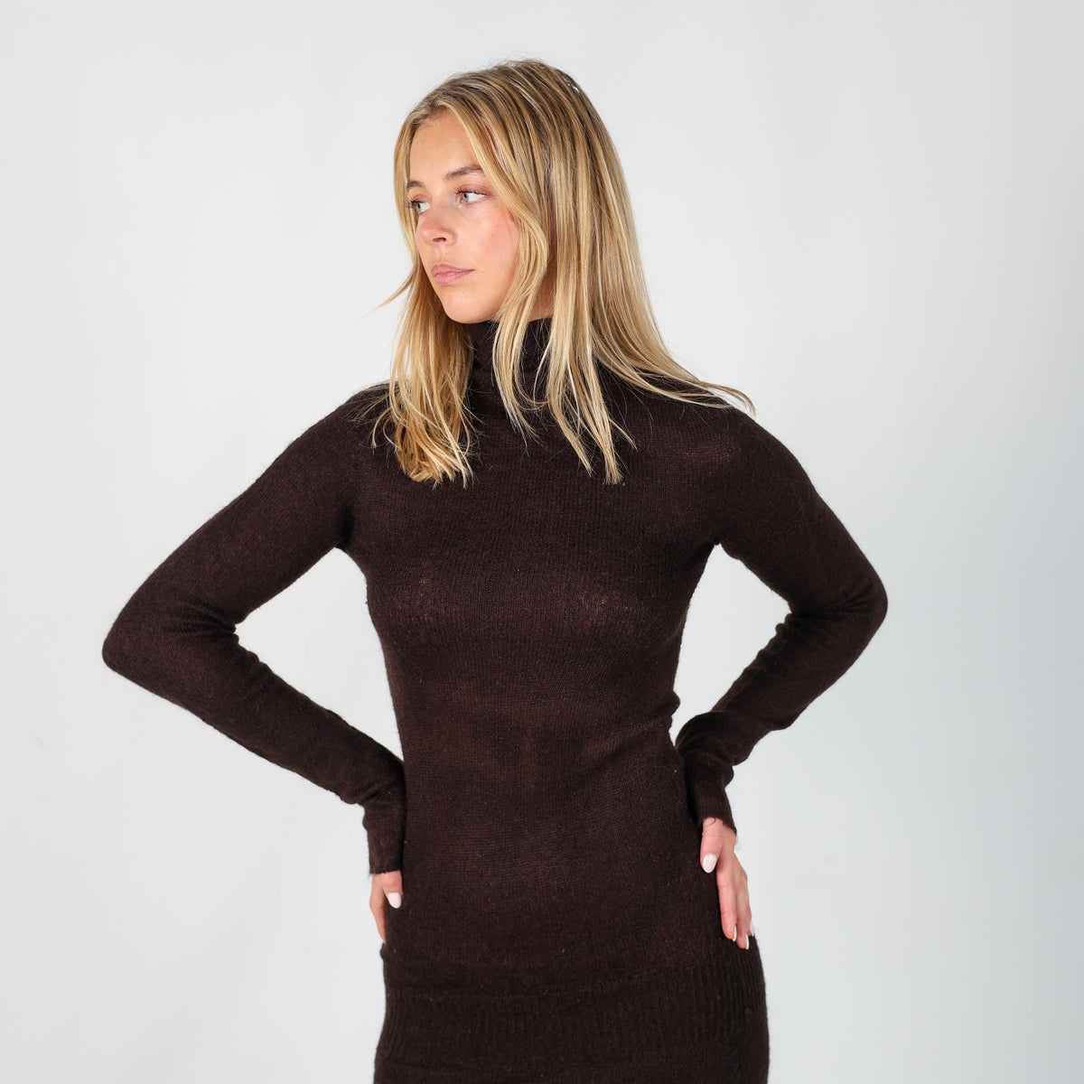 Brown Y2K Knitted Maxi Dress 30% Mohair Semi Sheer (XS)