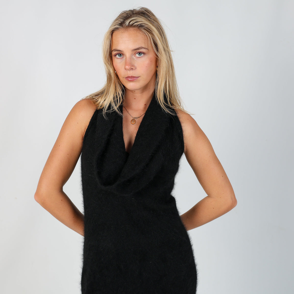Black Y2K Knitted Maxi Dress Lace Back (S)