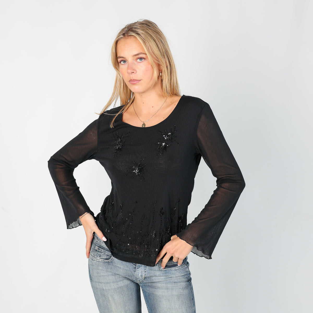 Black Y2K Long Sleeve Top Sequin (S)