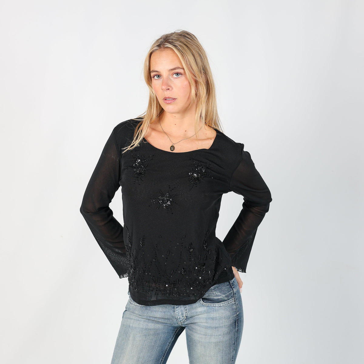 Black Y2K Long Sleeve Top Sequin (S)