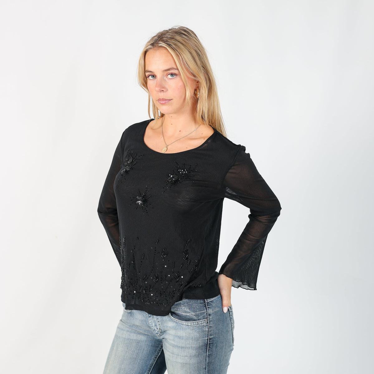 Black Y2K Long Sleeve Top Sequin (S)