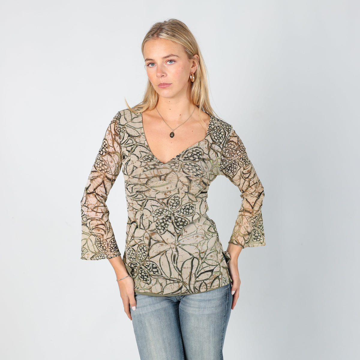 Beige Y2K Long Sleeve Top Floral (S)