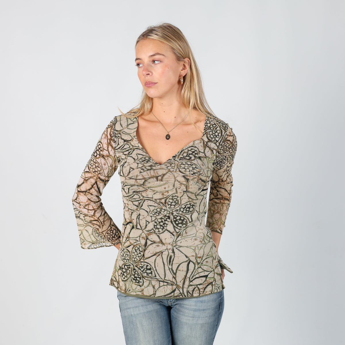 Beige Y2K Long Sleeve Top Floral (S)