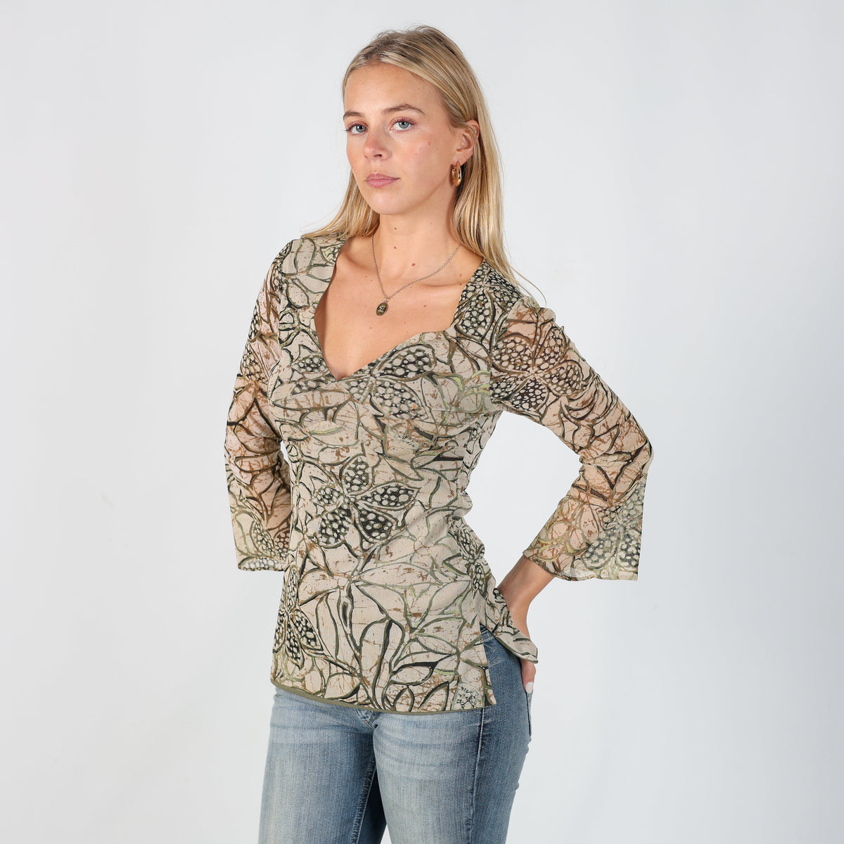 Beige Y2K Long Sleeve Top Floral (S)