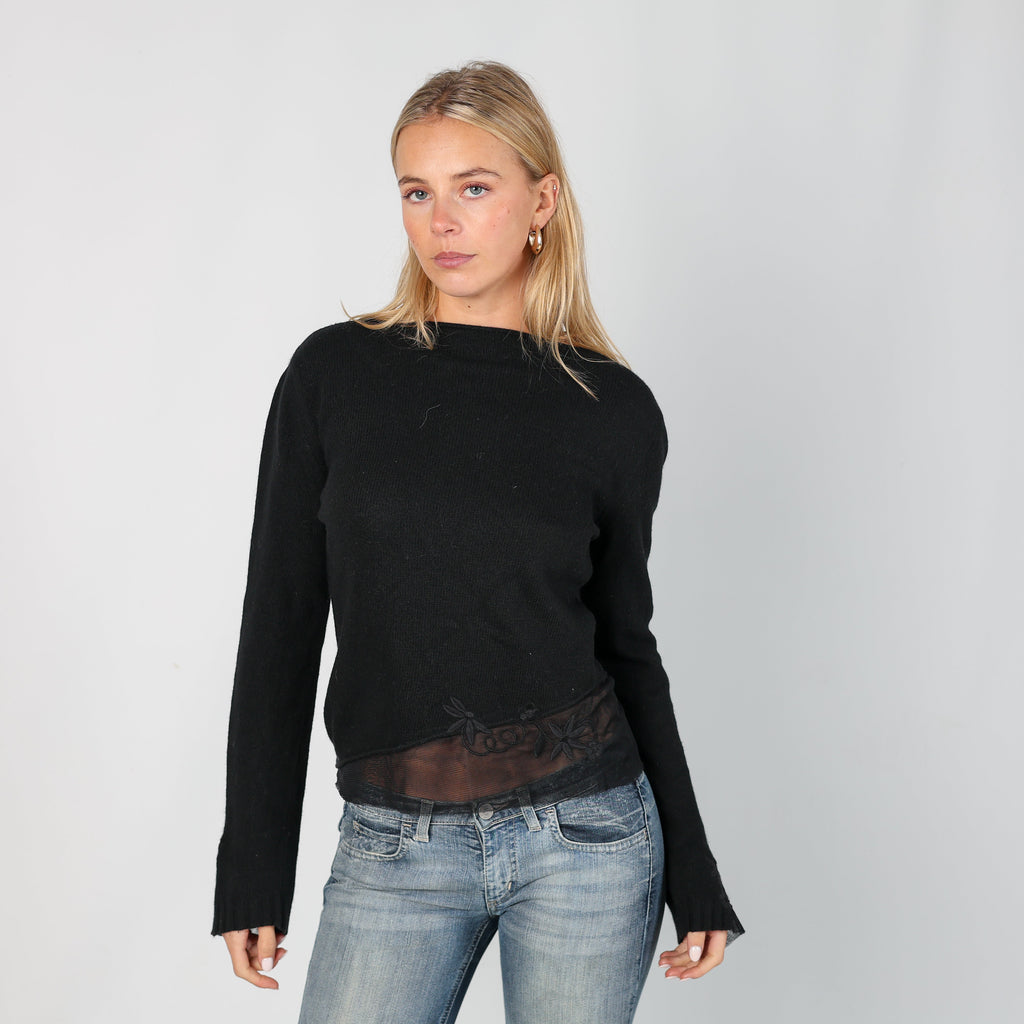 Black Y2K Knitted Top Sheer Detail (S)