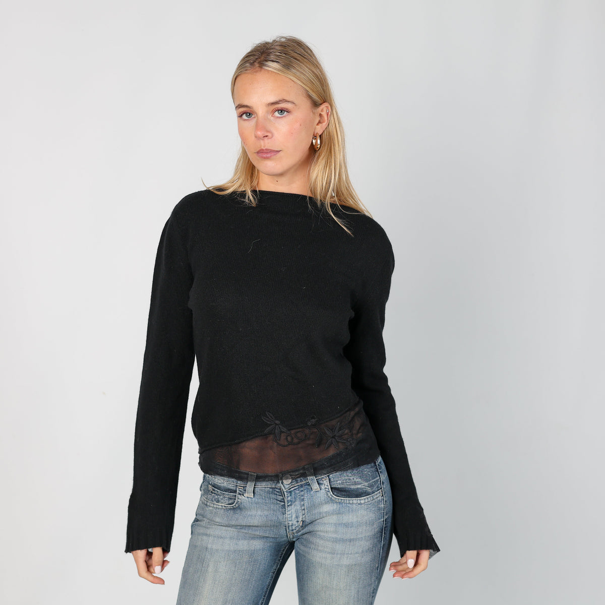 Black Y2K Knitted Top Sheer Detail (S)