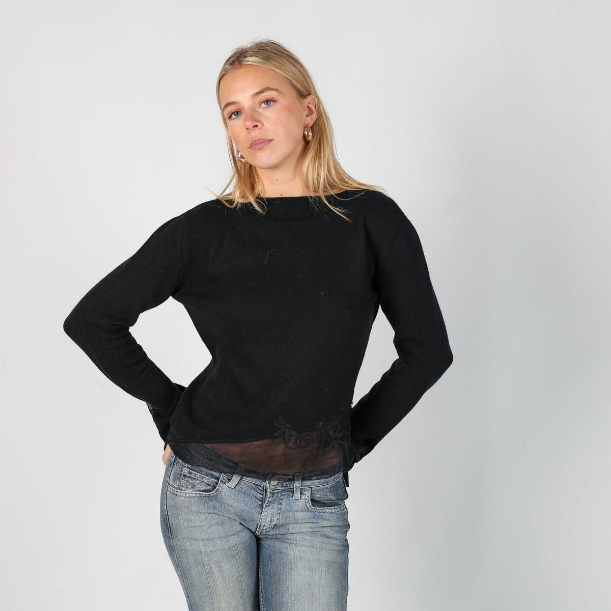 Black Y2K Knitted Top Sheer Detail (S)