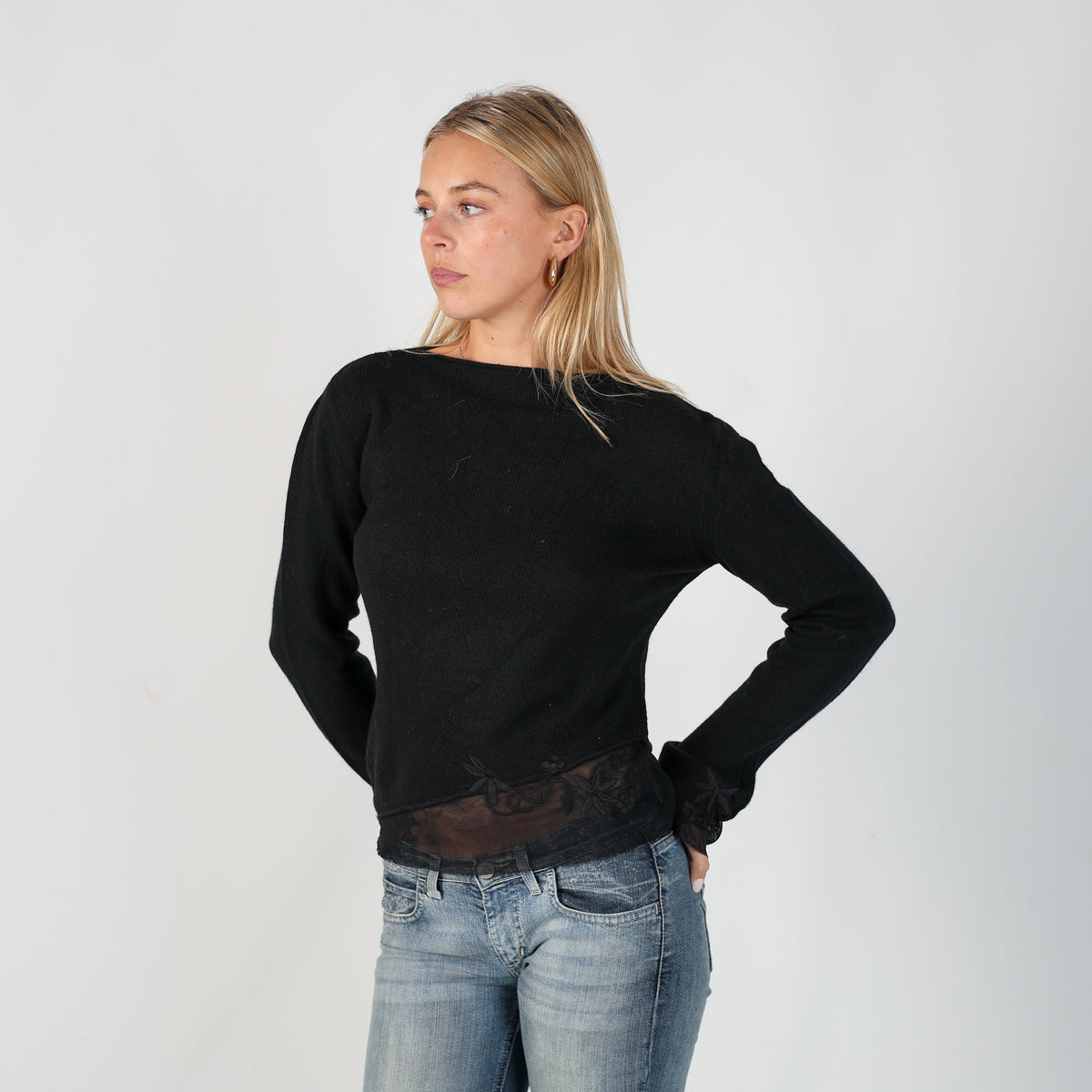 Black Y2K Knitted Top Sheer Detail (S)