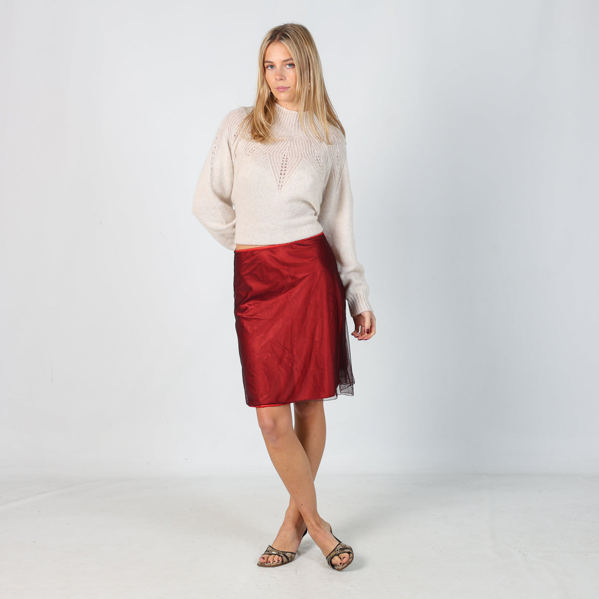 Red Y2K Mandorlamara Woven Midi Skirt (XS)