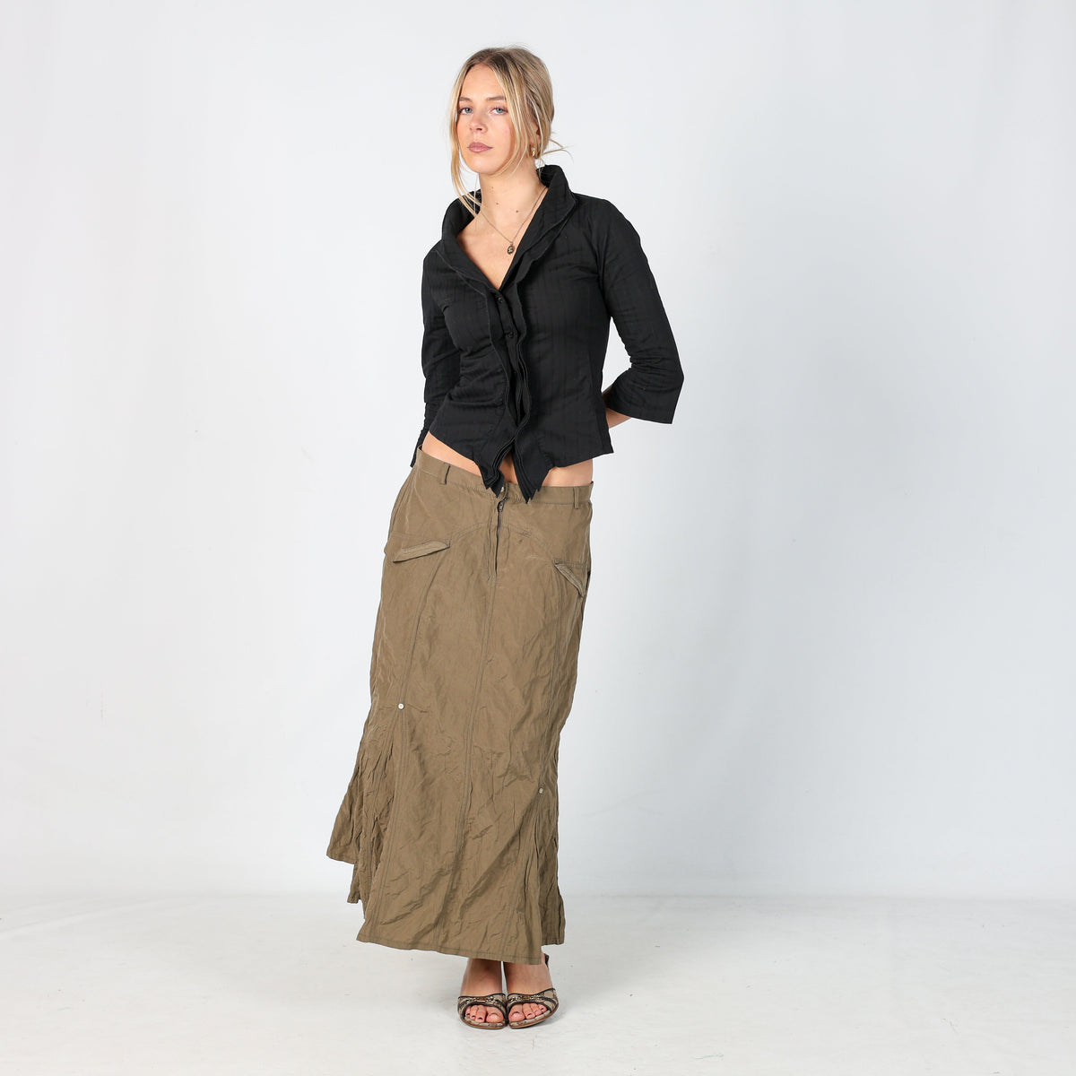 Dark Green Y2K Made in Italy Woven Midi Skirt (M)
