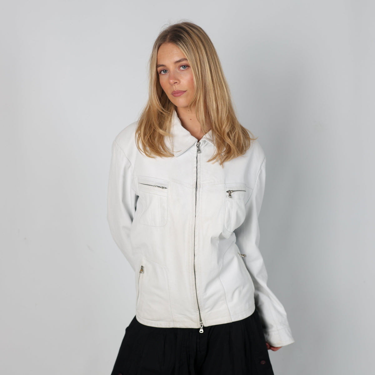 White Y2K Vera Pelle Leather Jacket (L)