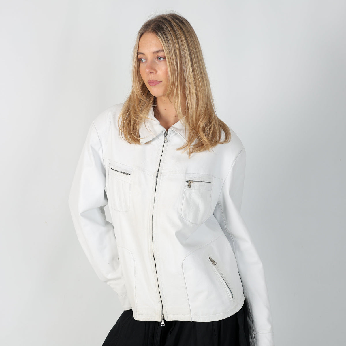 White Y2K Vera Pelle Leather Jacket (L)