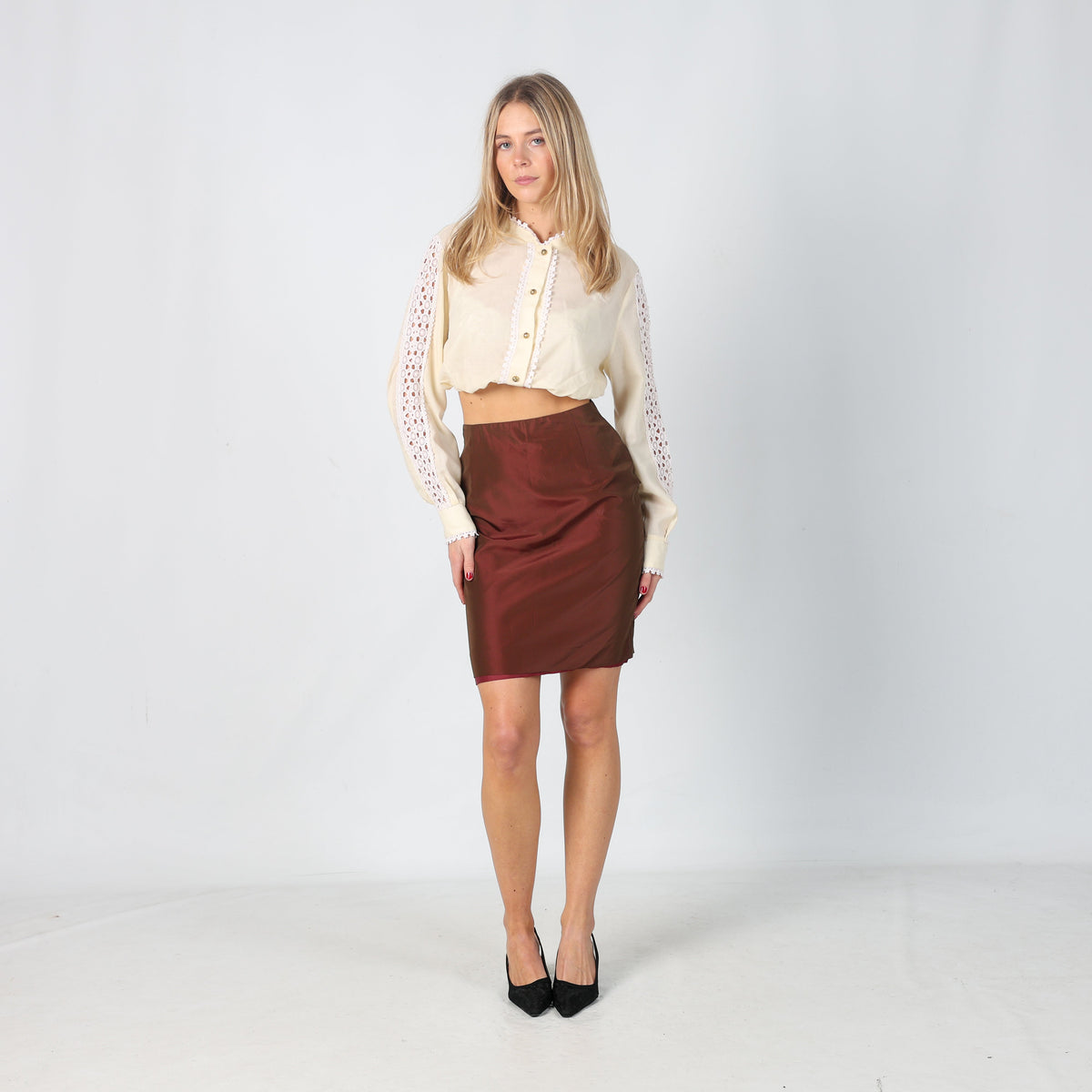 Burgundy Red Y2K Galeande Woven Midi Skirt (XS)