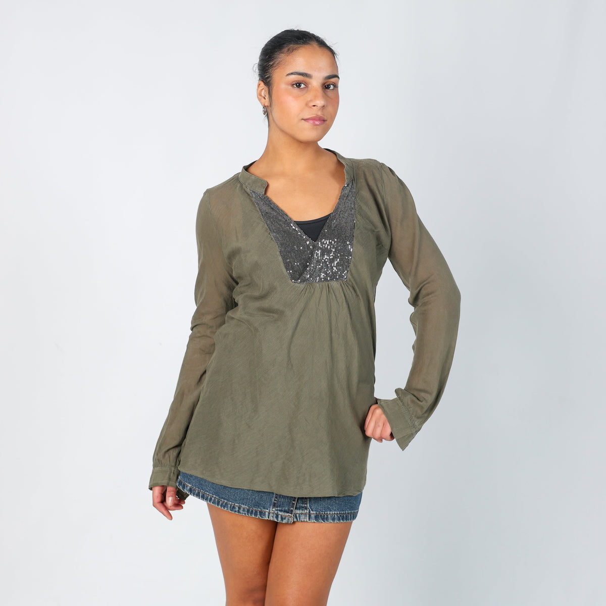 Dark Green Y2K Please Long Sleeve Top (L)