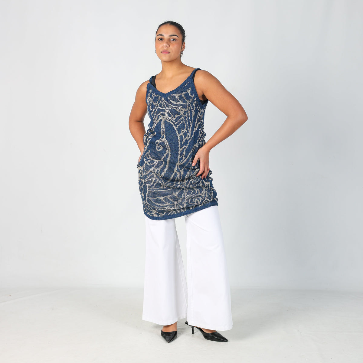 Navy Blue Y2K Fashion Look Woven Midi Dress (M)
