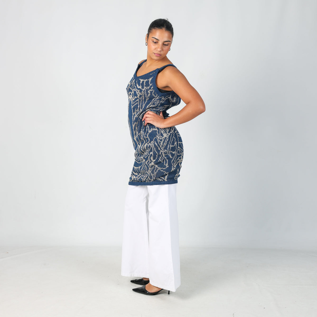 Navy Blue Y2K Fashion Look Woven Midi Dress (M)