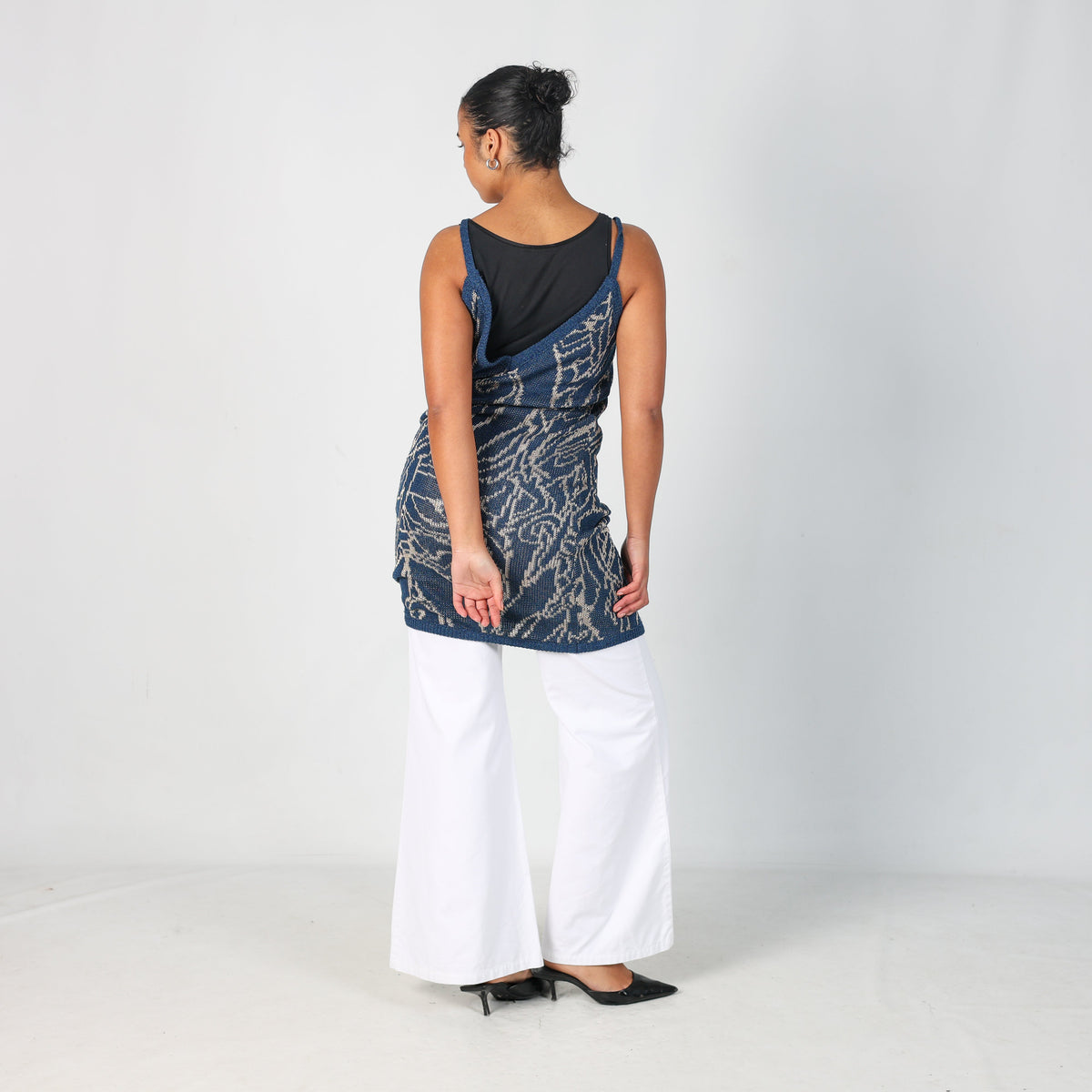 Navy Blue Y2K Fashion Look Woven Midi Dress (M)