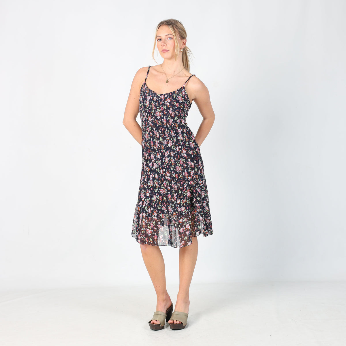 Navy Blue Y2K Kalamton Printed Woven Midi Dress (M)