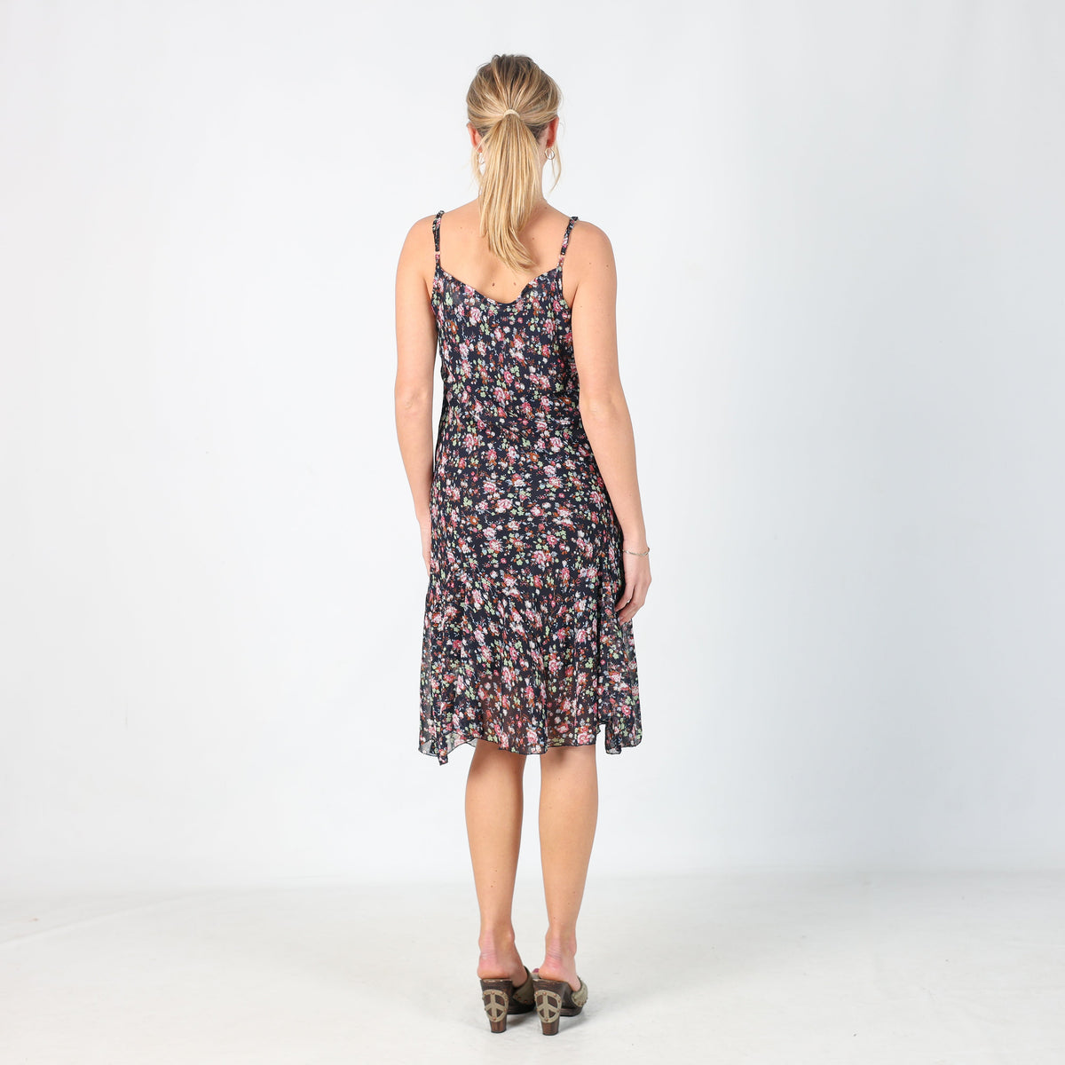Navy Blue Y2K Kalamton Printed Woven Midi Dress (M)