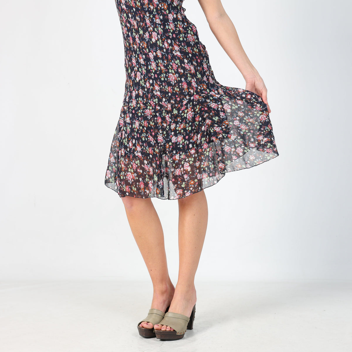 Navy Blue Y2K Kalamton Printed Woven Midi Dress (M)