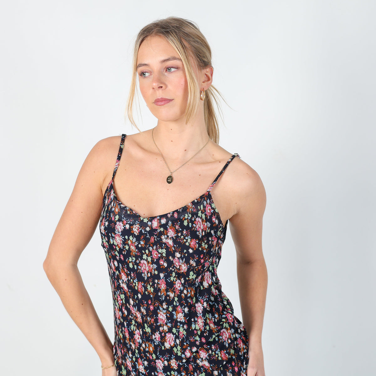 Navy Blue Y2K Kalamton Printed Woven Midi Dress (M)