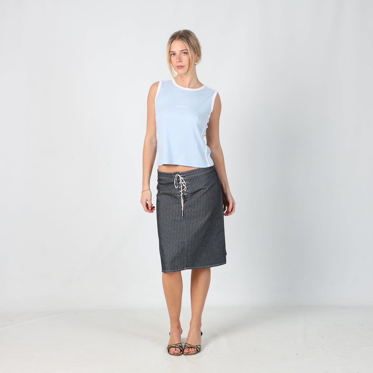 Blue Y2K Denny Rose Denim Midi Skirt (L)