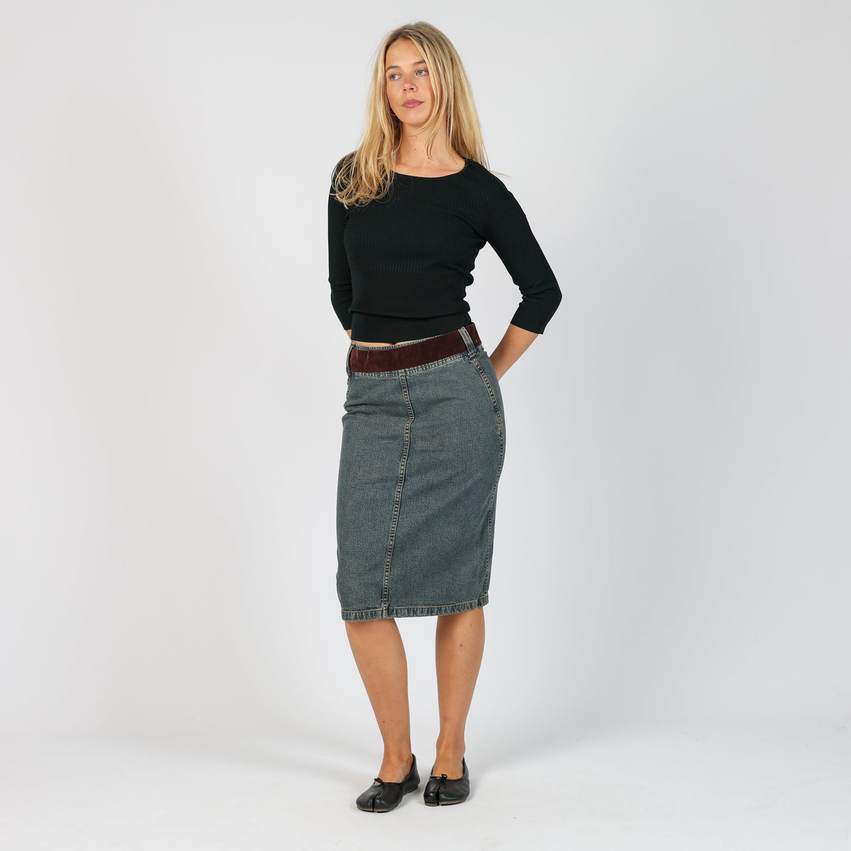 Blue Y2K Hennes Denim Midi Skirt Detachable belt (XS)