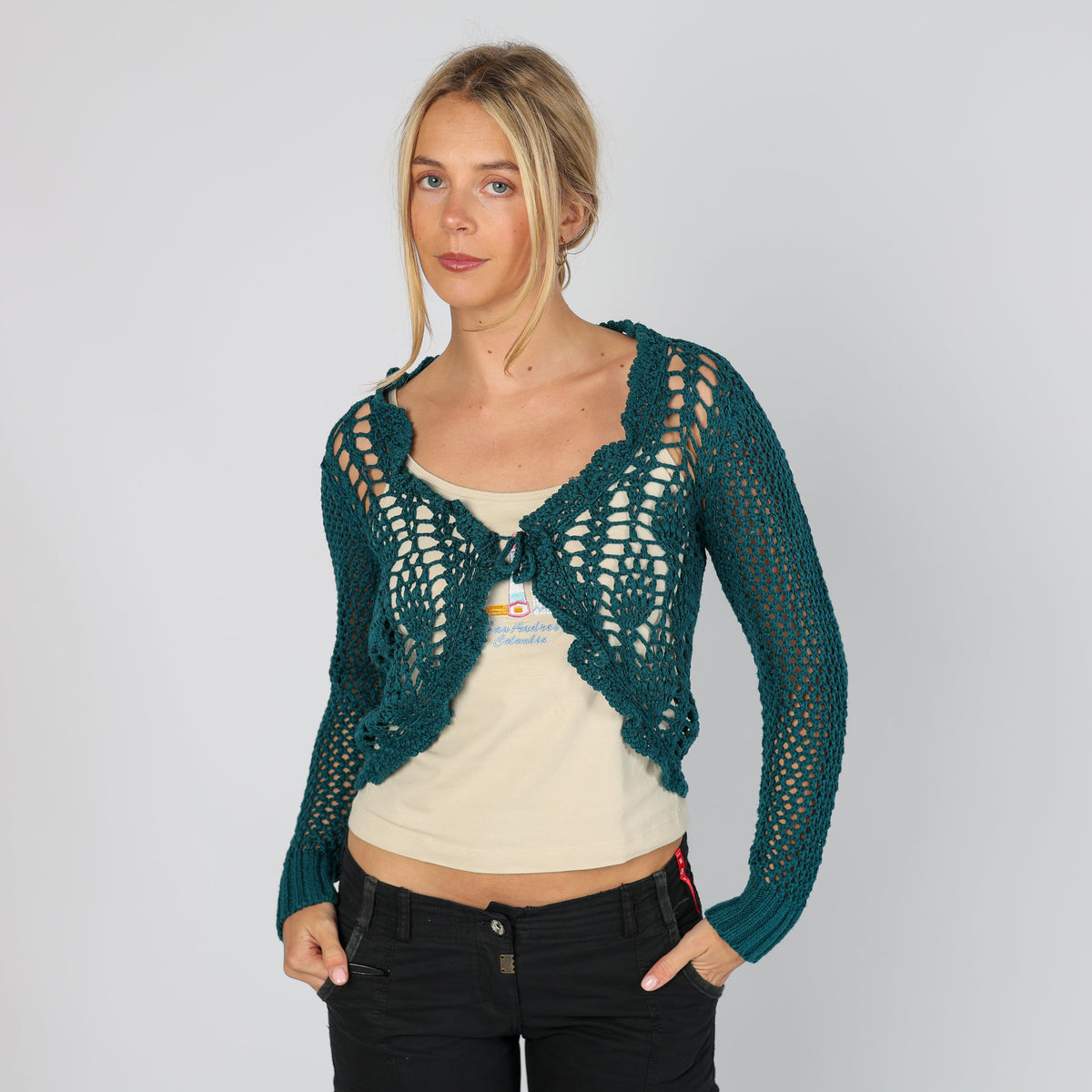 Dark Green Y2K Forget-Me-Not Knitted Top (S)