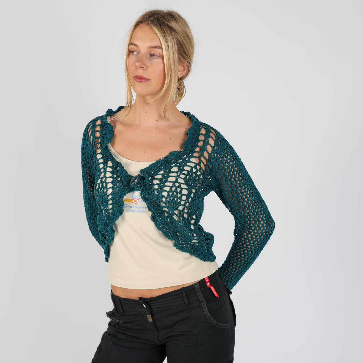 Dark Green Y2K Forget-Me-Not Knitted Top (S)