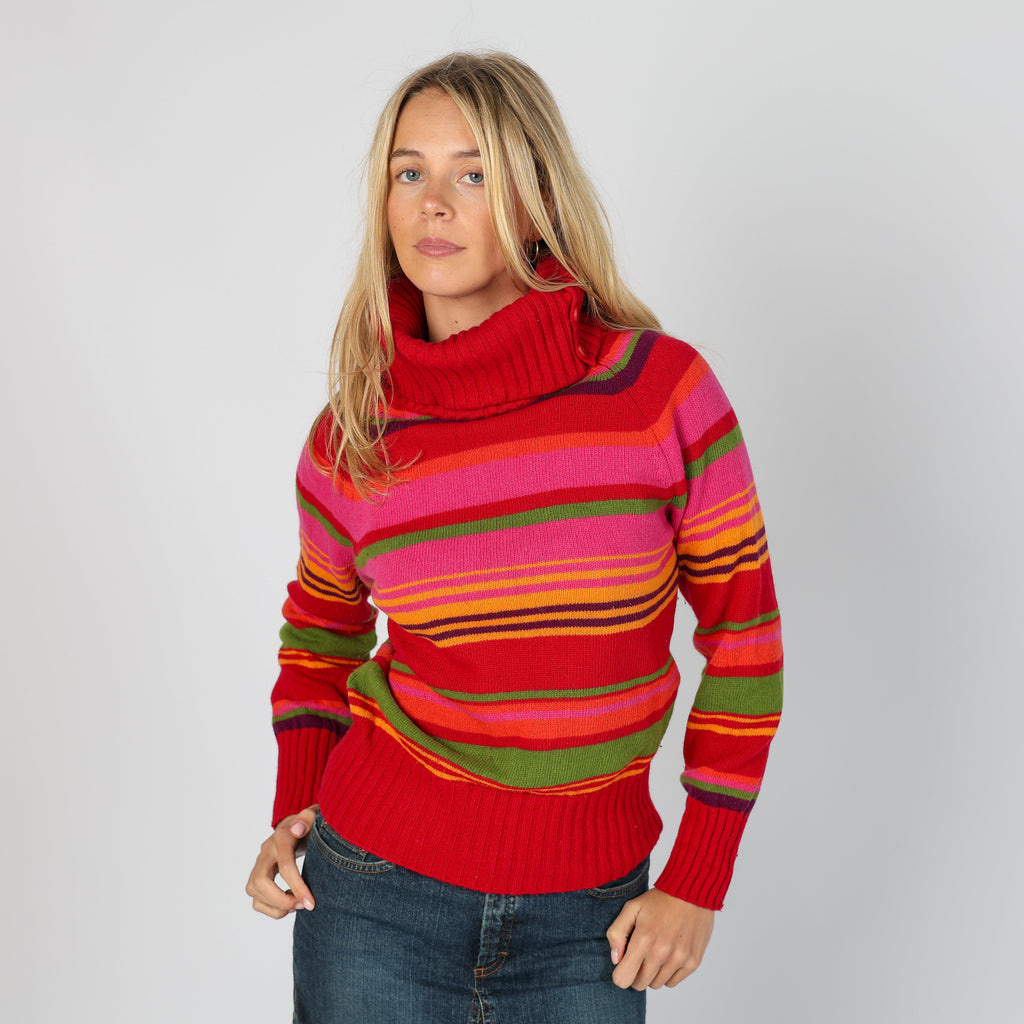 Red Y2K United Colors of Benetton Knitted Jumper Stripe (S)