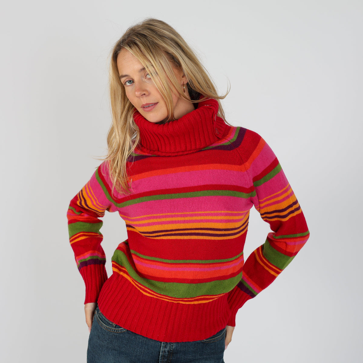 Red Y2K United Colors of Benetton Knitted Jumper Stripe (S)