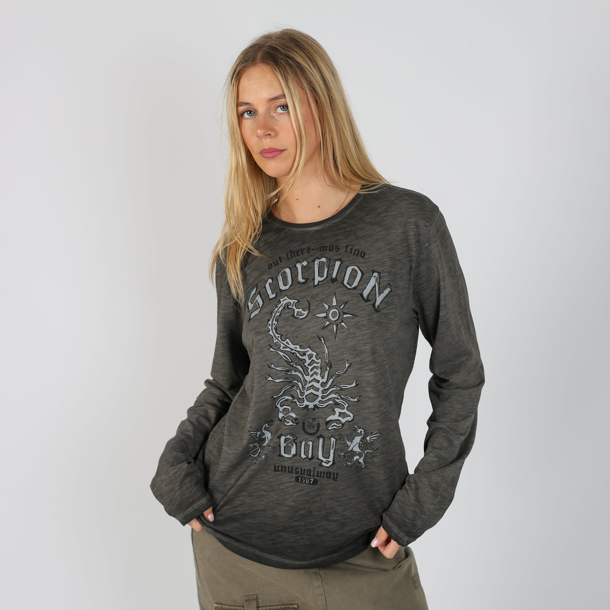 Charcoal Grey Y2K Scorpion Bay Long Sleeve Top (L)