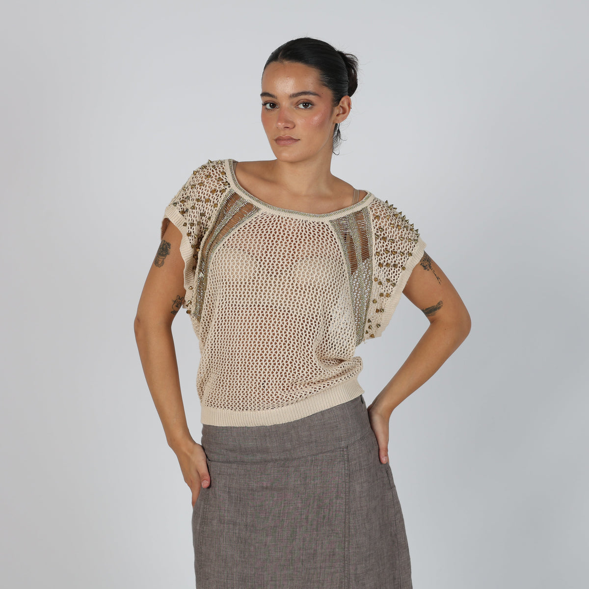 Cream Y2K Flam Mode Knitted Top (S)