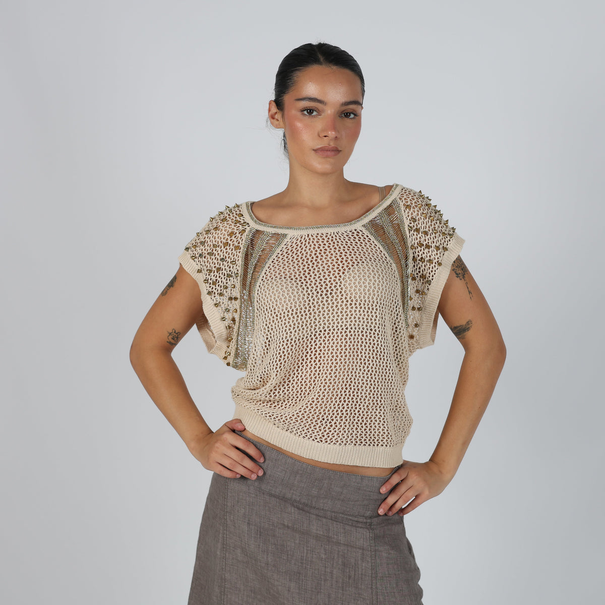 Cream Y2K Flam Mode Knitted Top (S)